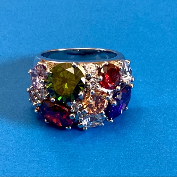 Nataliya V. Collister Rainbow Cubic Zirconia Ring Size 8 Silver Tone - Picture 2 of 12